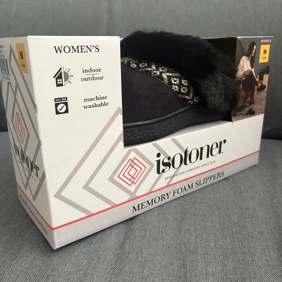 Isotoner Women's Black Slippers with Patterned Trim - Picture 4 of 4